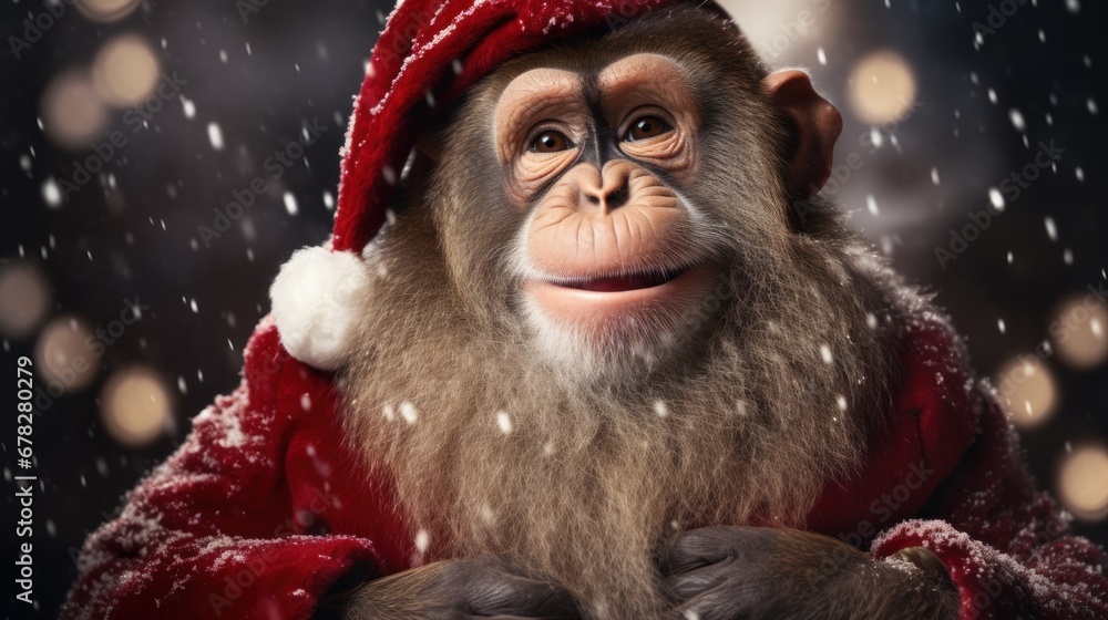 Portrait of a monkey in Santa hat. Christmas background. Portrait of a monkey in Santa hat. Christmas background.
