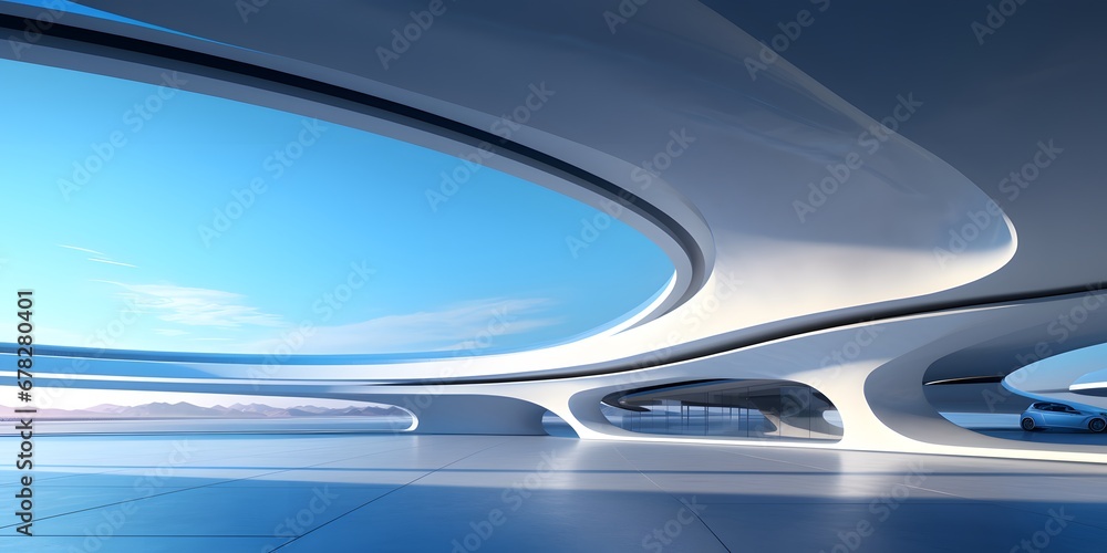 3d render of abstract futuristic architecture with empty concrete floor. Scene for car presentation,blue sky