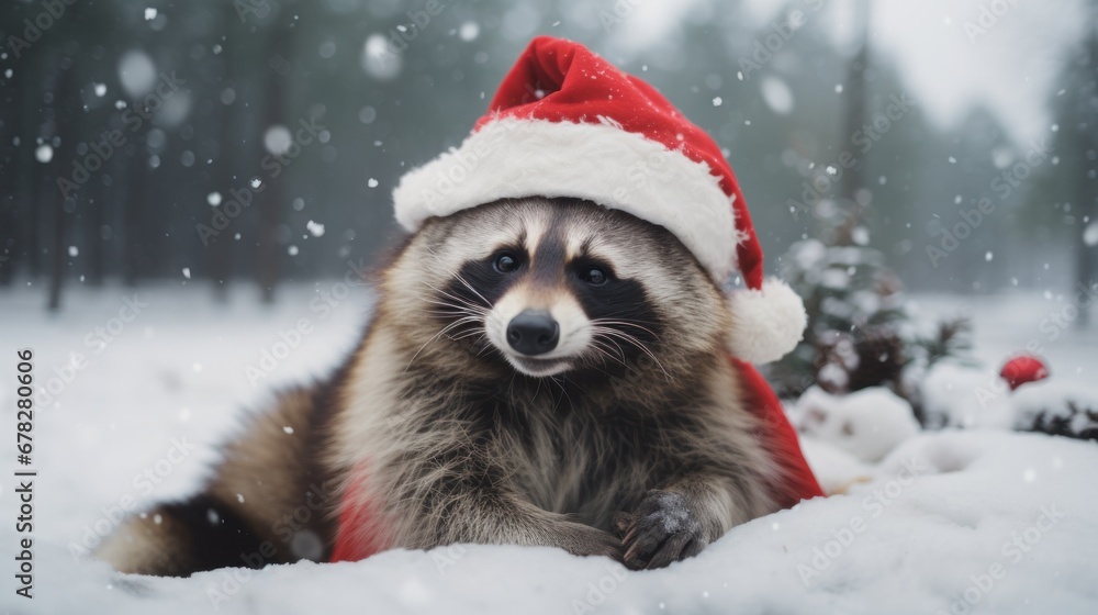 Portrait of a raccoon in Santa hat. Christmas background. Portrait of a raccoon in Santa hat. Christmas background.