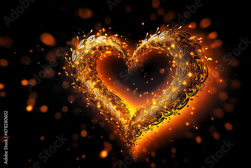 Beautiful golden sparkle hearts pattern on black background. Ai generative.