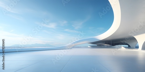3d render of abstract futuristic architecture with empty concrete floor. Scene for car presentation,blue sky photo