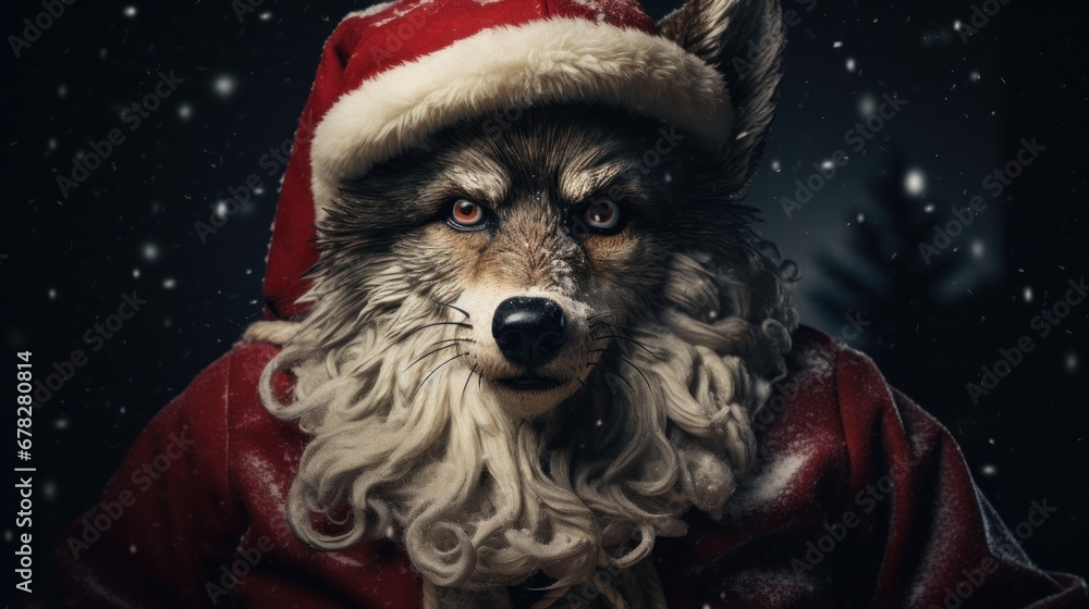 Portrait of a wolf in Santa hat. Christmas background. Portrait of a wolf in Santa hat. Christmas background.