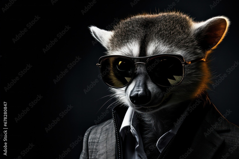 Funny lemur with sunglasses in a suit on a black background.