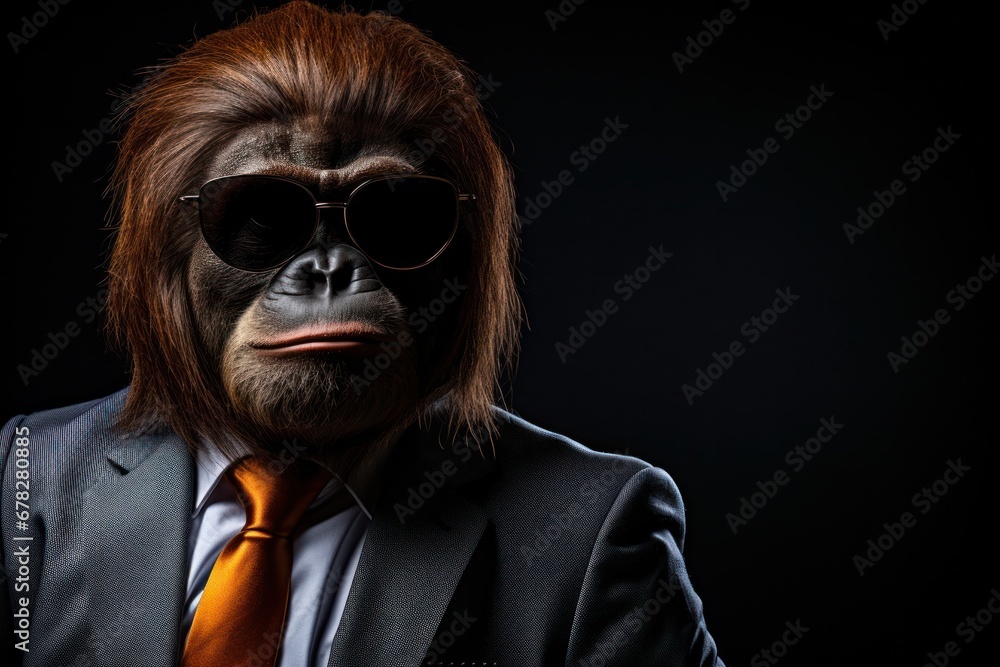 Funny orangutan with sunglasses in a suit on a black background.