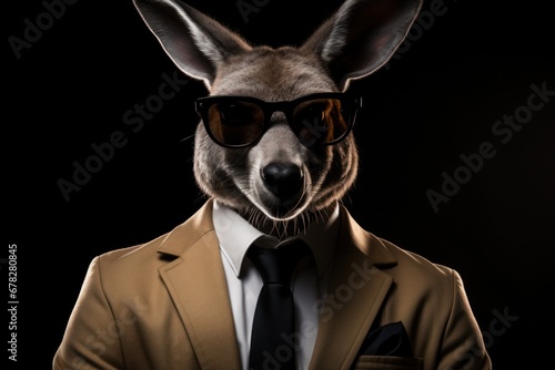 Funny kangaroo with sunglasses in a suit on a black background.