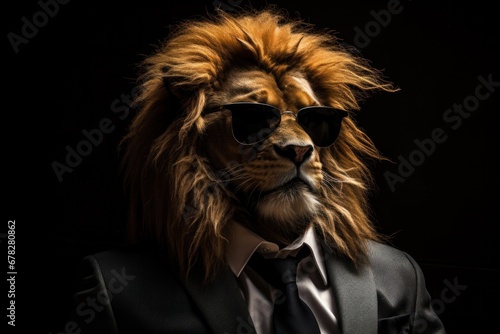 Funny lion with sunglasses in a suit on a black background.