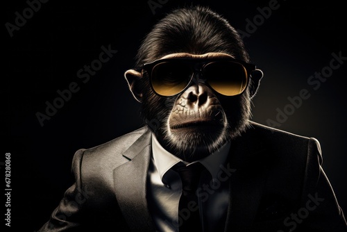 Funny monkey with sunglasses in a suit on a black background.