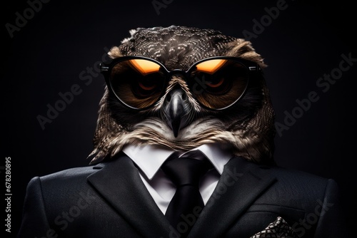 Funny owl with sunglasses in a suit on a black background.