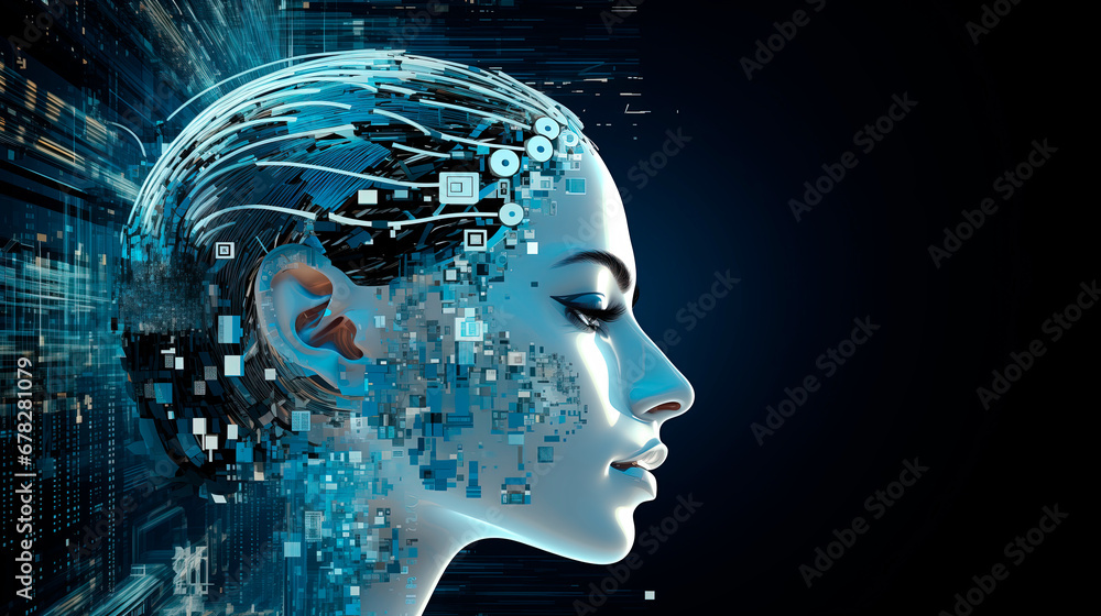 A woman's face combined with electronics. AI or artificial intelligence in the image of the robot's head. Cyborg in the form of a girl with an electronic brain A woman's face combined with electronics. AI or artificial intelligence in the image of the robot's head. Cyborg in the form of a girl with an electronic brain
