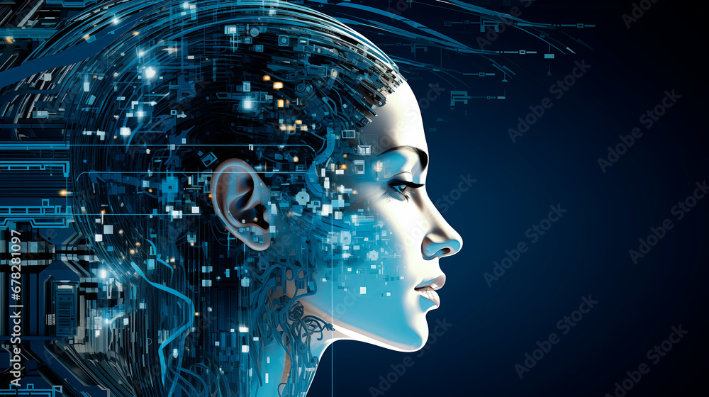 A woman's face combined with electronics. AI or artificial intelligence in the image of the robot's head. Cyborg in the form of a girl with an electronic brain A woman's face combined with electronics. AI or artificial intelligence in the image of the robot's head. Cyborg in the form of a girl with an electronic brain