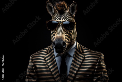 Funny zebra with sunglasses in a suit on a black background.