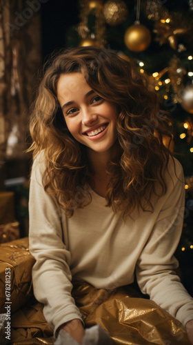 Smiling young woman looking at camera while sitting near christmas tree.