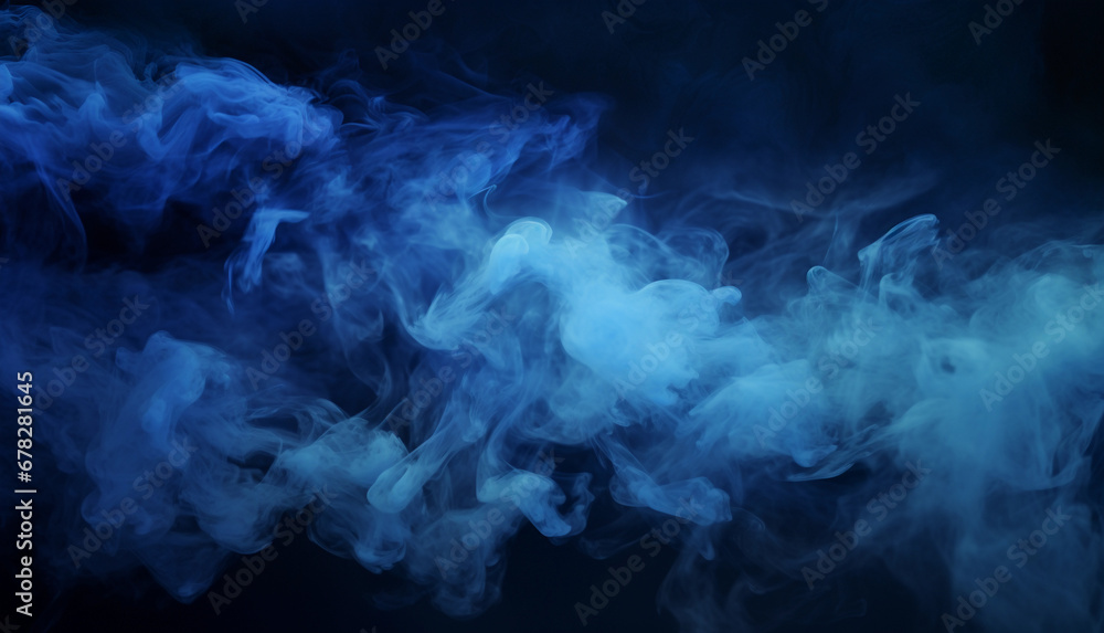 Black scene with blue smoke in the background. Blue mist on the ground. Fog backdrop. - obrazy, fototapety, plakaty 