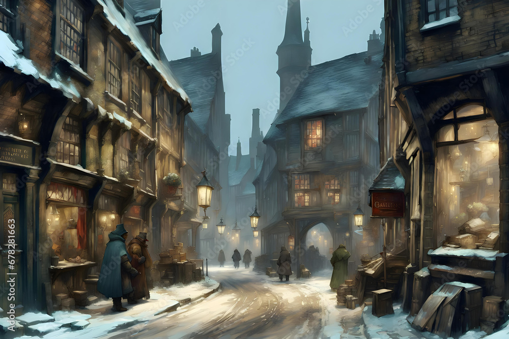 winter scene in a snow covered old-fashioned english town street with snow covered road and old shops with lights in the windows - obrazy, fototapety, plakaty 