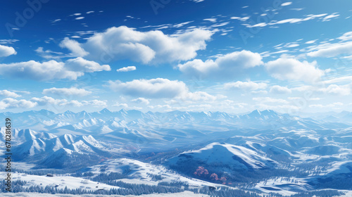 landscape of white mountains, blue skies, and clouds. © nur