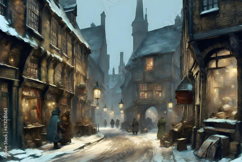winter scene in a snow covered old-fashioned english town street with snow covered road and old shops with lights in the windows photo