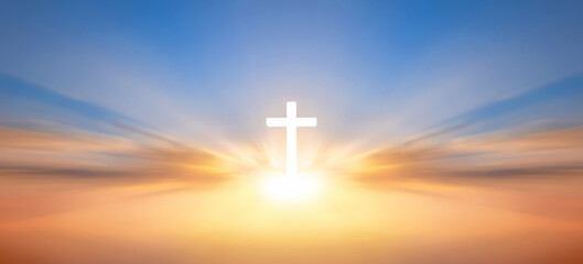 White shining Christian cross on the orange cloudy sky background