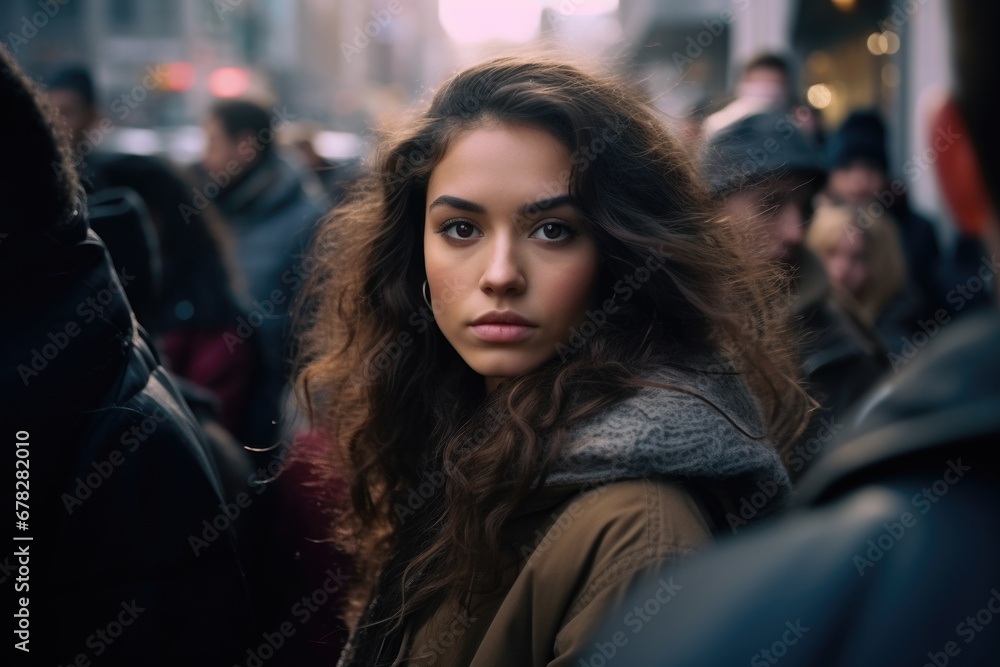 Woman with long brown hair standing amidst group of people. Suitable for various uses