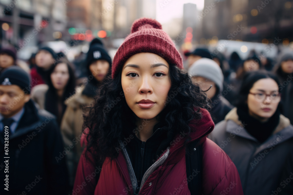 Woman wearing red jacket and red hat. Suitable for fashion, winter, and outdoor-themed designs Woman wearing red jacket and red hat. Suitable for fashion, winter, and outdoor-themed designs