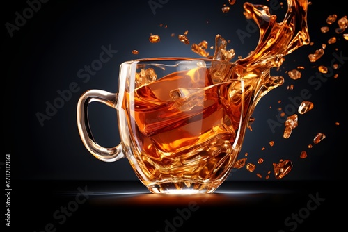 Transparent cup of tea with ice cube and splashes on a black background.