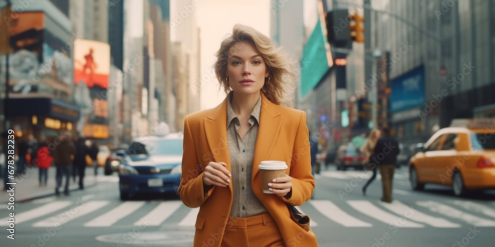 Fototapeta premium Sophisticated Businesswoman Enjoying a Coffee-to-go Amidst the Urban Bustle AI generated