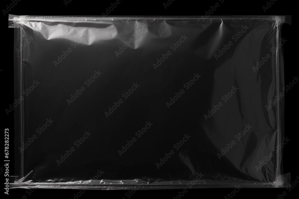 Transparent plastic wrap overlay on black background. Horizontal stretched polyethylene cover. - obrazy, fototapety, plakaty 