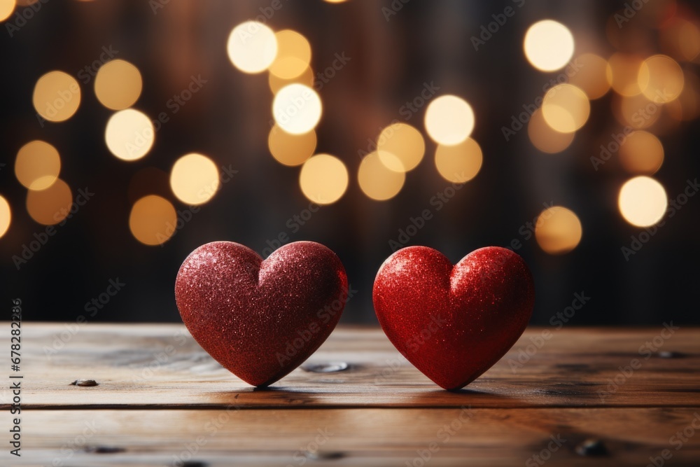 Two red shiny hearts on wood with no people and blurred background. Generated AI Two red shiny hearts on wood with no people and blurred background. Generated AI