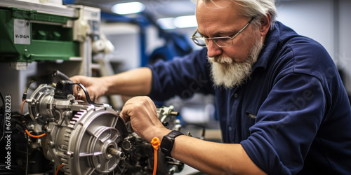 portrait of Electric Motor and Switch Assembler Repairer, who Test, repair, rebuild, and assemble electric motors, generators, and equipment