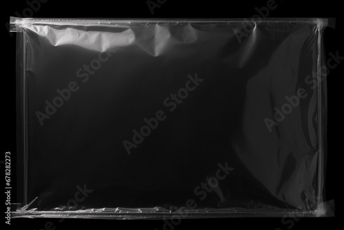 Transparent plastic wrap overlay on black background. Horizontal stretched polyethylene cover. photo