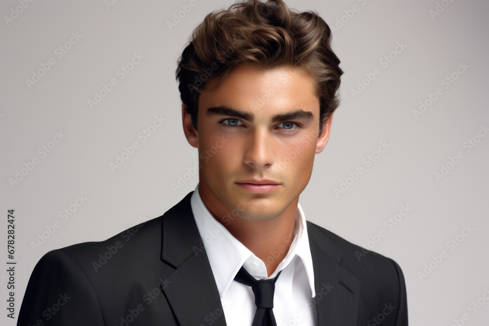 Man dressed in suit and tie strikes confident pose for professional photo. This image can be used to represent business, corporate, or professional concepts Man dressed in suit and tie strikes confident pose for professional photo. This image can be used to represent business, corporate, or professional concepts