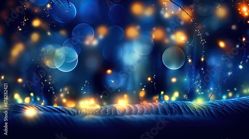 Elegant Christmas garland bokeh lights casting a soft glow against a midnight blue background. photo