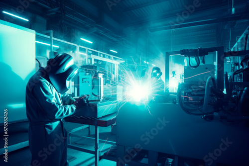 Masked welder works as welding machine at modern factory with the rest of the silver-colored machines