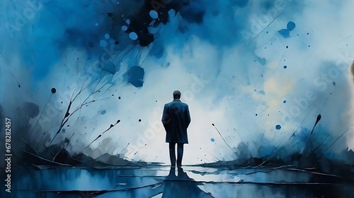 Silhouette of a lonely man Surrounded by blue color chaotic paint splatter, blue background, feeling of depression, Loneliness and contemplation. Mental health, blue Monday concept.