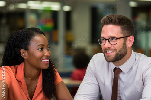 Picture of man and woman sitting together at table. This versatile image can be used to depict variety of scenarios involving couples, relationships, meetings, conversations, and more