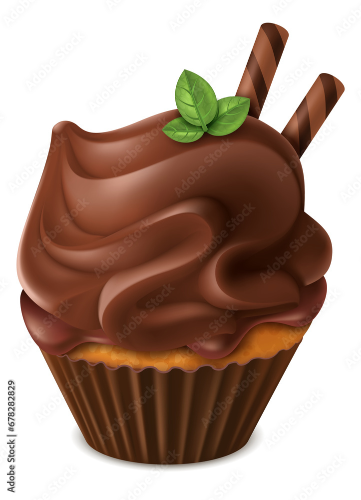 Fotografie Chocolate muffin. Cocoa cream cupcake. Realistic bakery