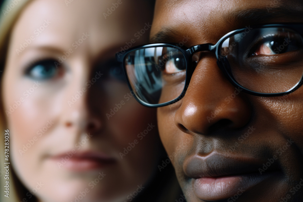 Detailed close-up image of person wearing glasses. This image can be used to depict concepts related to vision, eyewear, fashion, intelligence, or professionalism Detailed close-up image of person wearing glasses. This image can be used to depict concepts related to vision, eyewear, fashion, intelligence, or professionalism