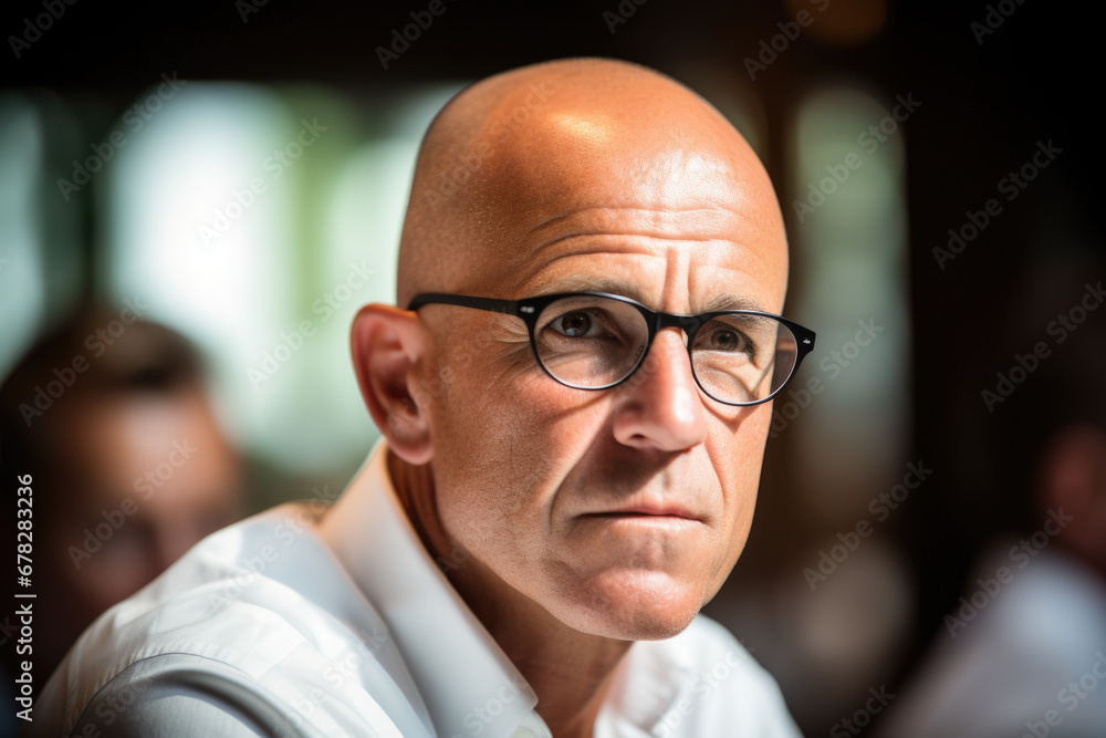 Bald man wearing glasses and white shirt. Suitable for business, professional, or casual concepts Bald man wearing glasses and white shirt. Suitable for business, professional, or casual concepts