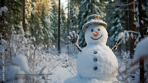 A wide-angle view of a happy snowman in a pristine snowy setting. © Chien