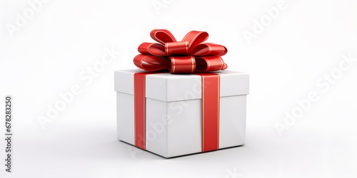 On a pure white background, there is only a gift box with a red ribbon and nothing else © Jing