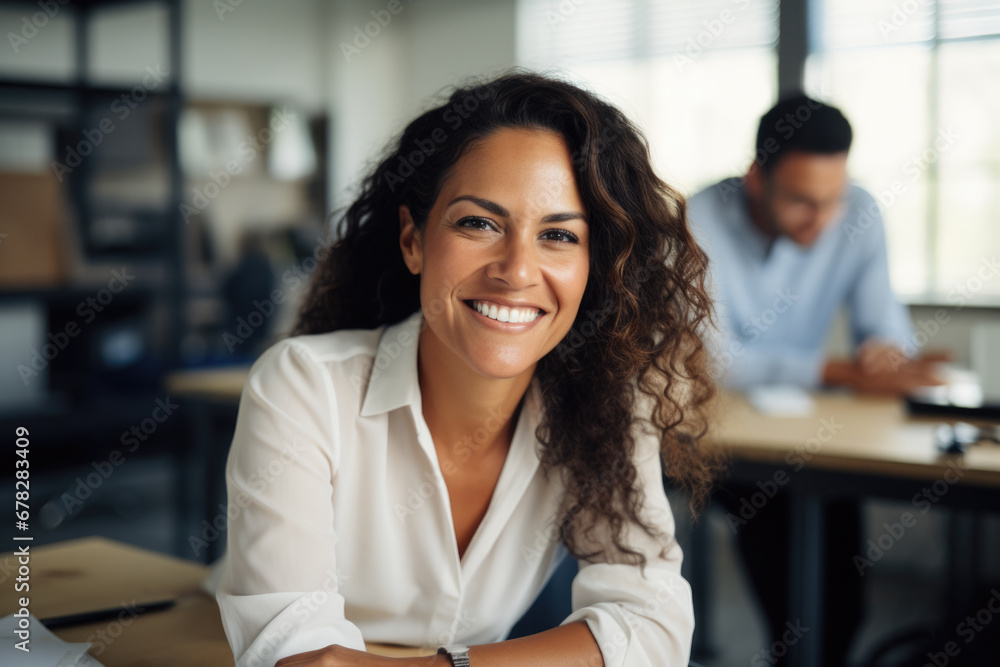 Woman is seated at table with man in background. This image can be used to depict business meeting, couple dining, or conversation between two individuals Woman is seated at table with man in background. This image can be used to depict business meeting, couple dining, or conversation between two individuals