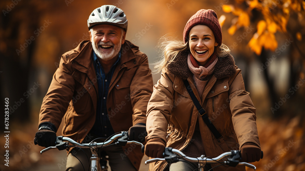 Senior couple riding bicycle in autumn park. They are smiling and looking at camera. Senior couple riding bicycle in autumn park. They are smiling and looking at camera.