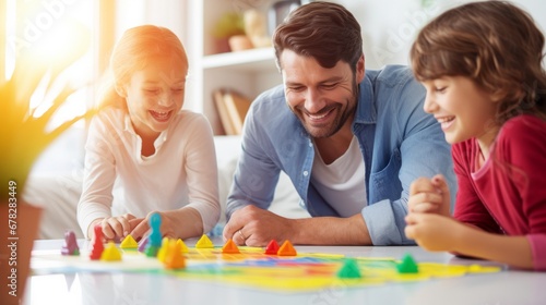 Happy family playing board game at home  happiness concept