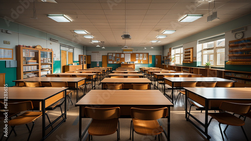 Interior of an empty school classroom with tables and chairs