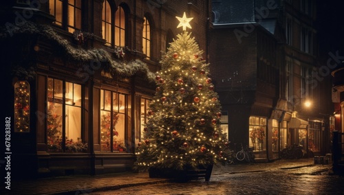 A Shimmering Christmas Tree Lighting Up the Night in the City 