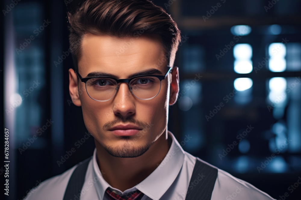 Young man wearing glasses and tie. This image can be used to represent professionalism and intelligence in various business and professional settings Young man wearing glasses and tie. This image can be used to represent professionalism and intelligence in various business and professional settings