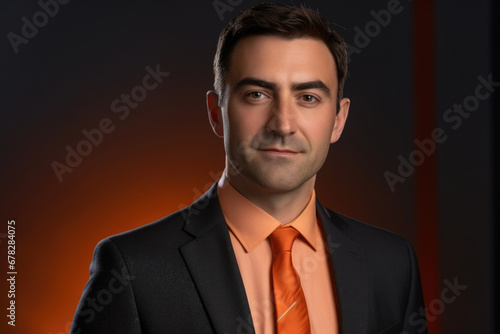 Professional man wearing suit and orange tie. Suitable for business, office, or formal attire concepts © vefimov