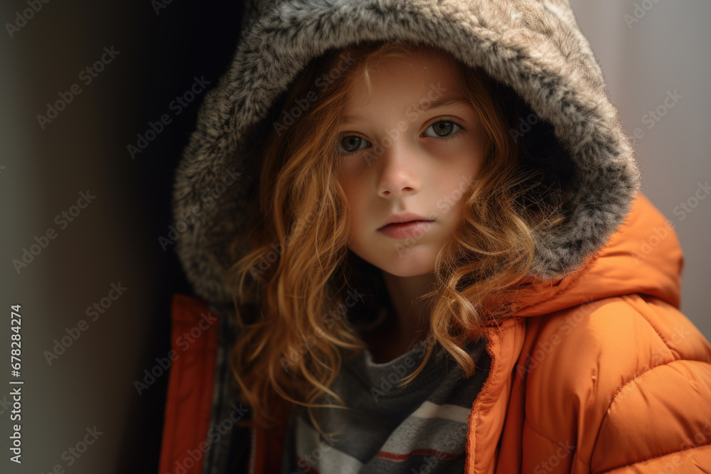 Young girl wearing jacket and hood. Suitable for outdoor activities in cold weather Young girl wearing jacket and hood. Suitable for outdoor activities in cold weather