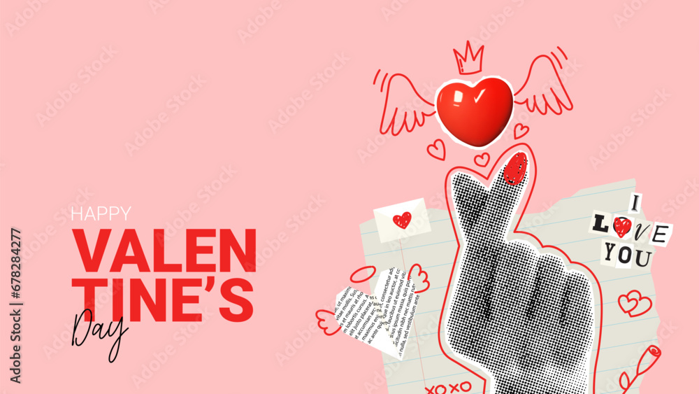 Retro banner for Valentine's day. Vector illustration with halftone hand shows heart sign. Vintage collage with cut out symbols of Valentine's day. Hand gesture with halftone effect. - obrazy, fototapety, plakaty 