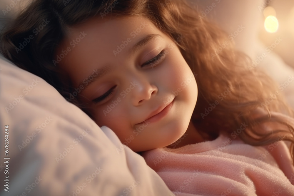 Peaceful image of young girl lying in bed with her eyes closed. This picture can be used to represent relaxation, bedtime routines, and innocence of childhood Peaceful image of young girl lying in bed with her eyes closed. This picture can be used to represent relaxation, bedtime routines, and innocence of childhood