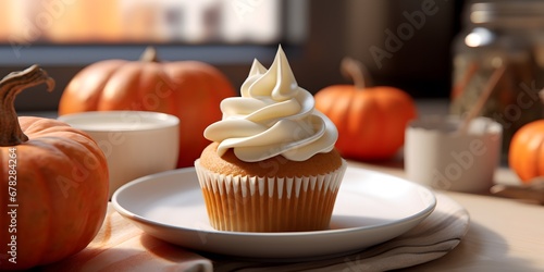 Pumpkin cupcakes on a white table topped with cream cheese frosting and dusted with cinnamon  generative AI